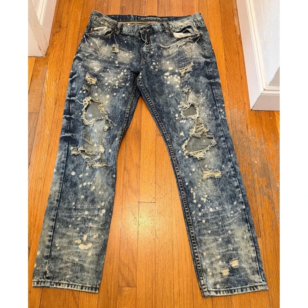 Heritage America 76 Mens Distressed Acid Wash Bleach Splatter Jeans W42